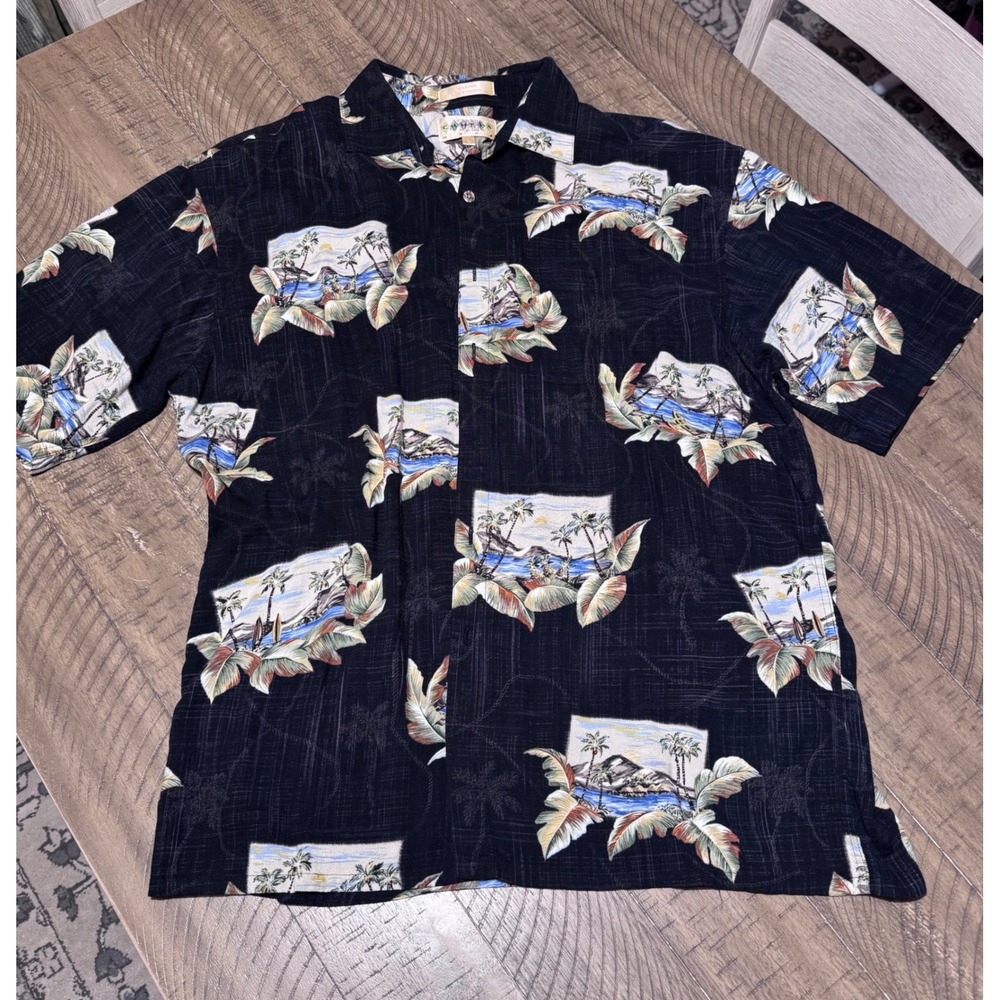 Campia Moda Mens Large Black Rayon Tropical Aloha Beach Scene Short Sleeve Shirt